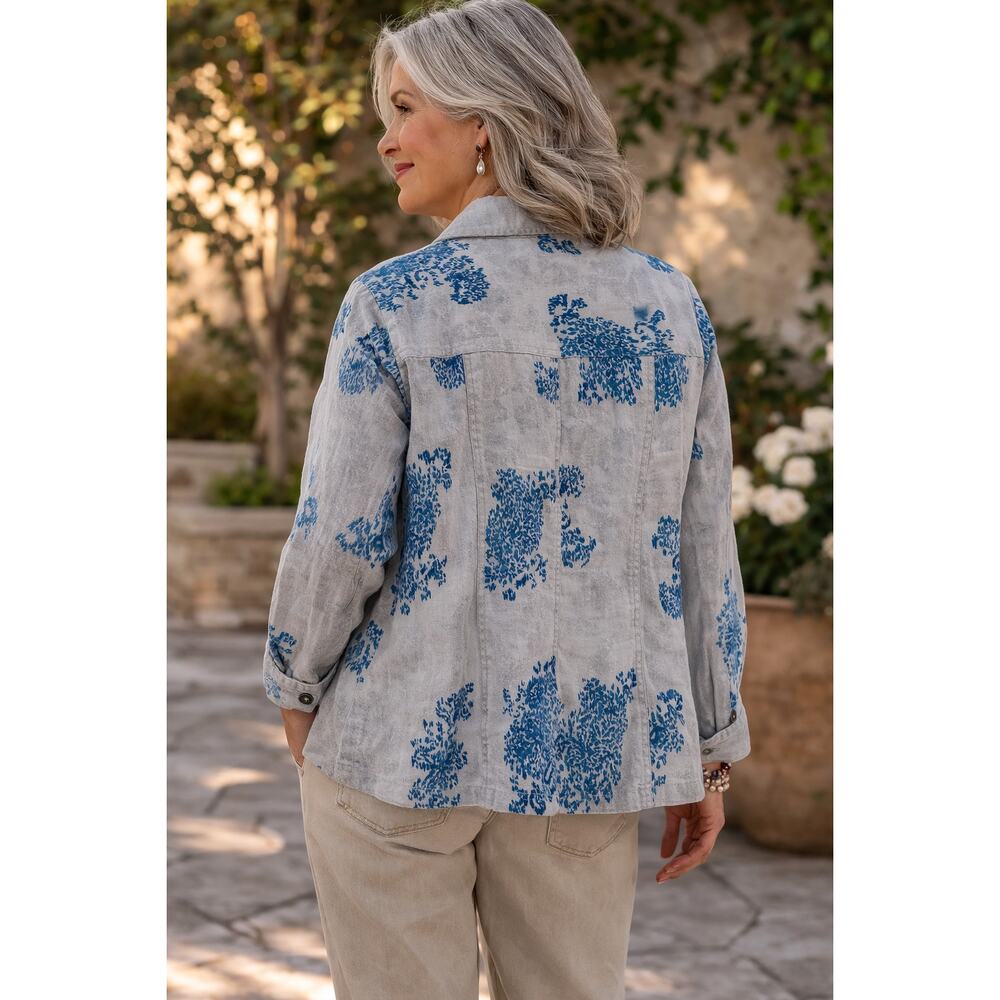 Coldwater Creek 20W Linen Shacket Blue Gray Watercolor Snap Shirt Jacket Boho - Picture 3 of 13